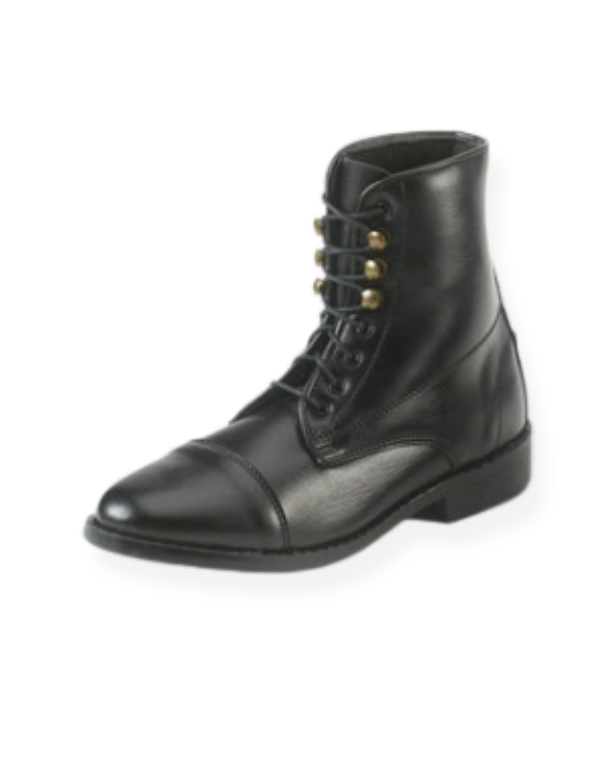Angled front view of the Black EquiStar Kids All-Weather Lace Paddock Boots on a white background