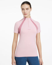 Front view of a female model wearing the Blossom LeMieux Maria Mesh Short Sleeve Sun Shirt on a plain background