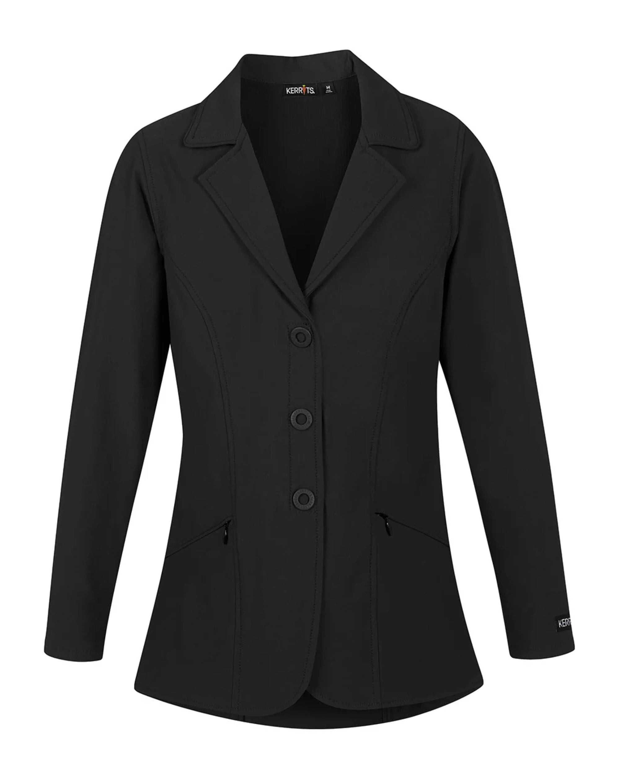 Front view of the Black Kerrits Kids Stretch Competitor Show Coat on a plain background