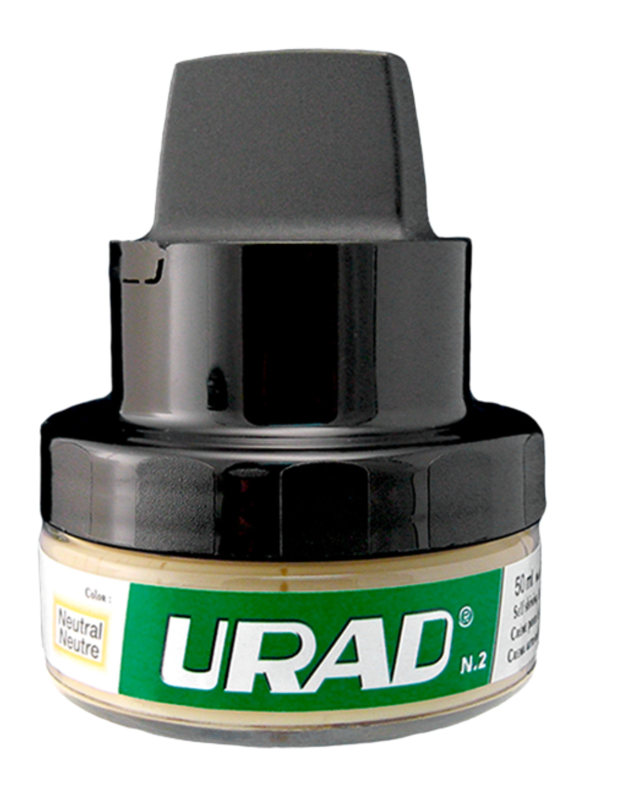 Front view of a 1.75oz container of Urad Total Leather Care Cream in neutral on a white background