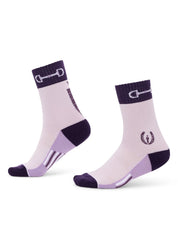 Inner and outer views of a pair of purple Kerrits Kids Band of Bits Paddock Socks on a white background