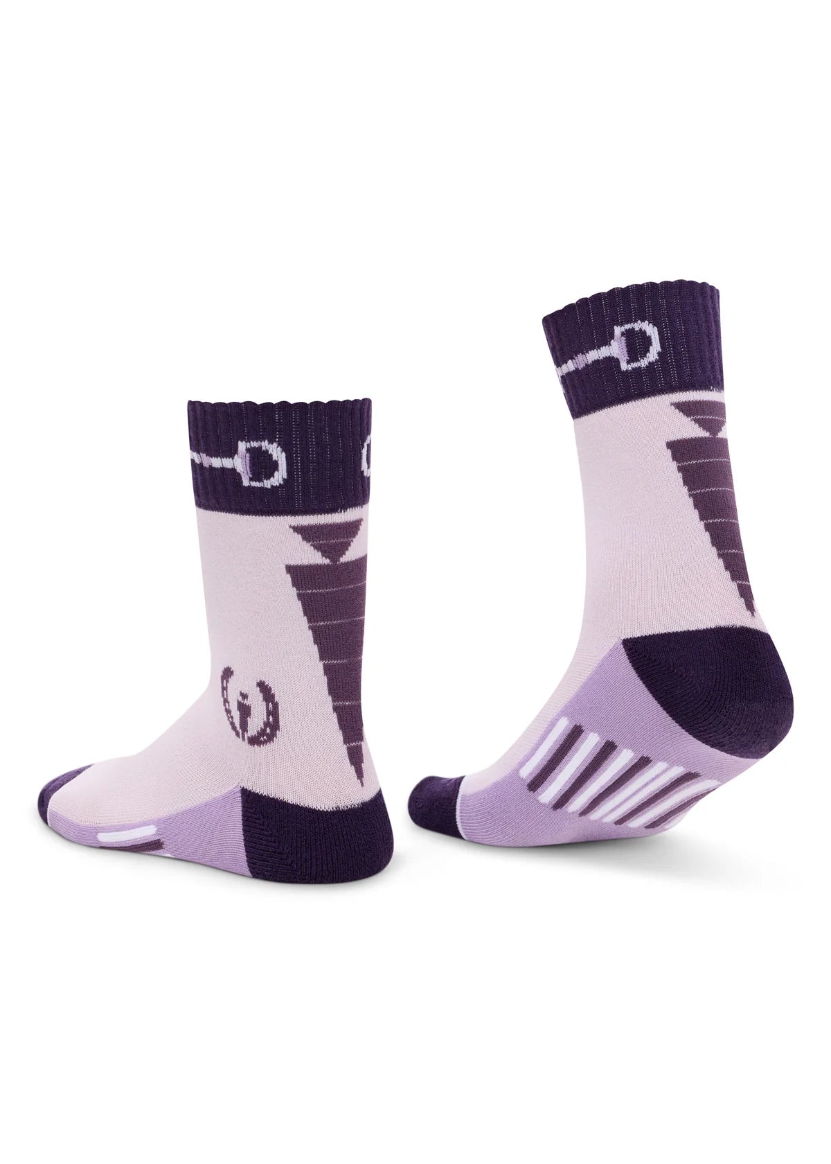 Inner and outer rear views of a pair of purple Kerrits Kids Band of Bits Paddock Socks on a white background