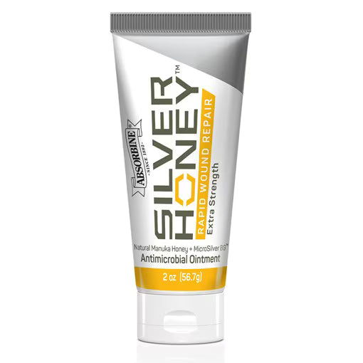 Front view of a 2 oz tube of Silver Honey Ointment on a white background