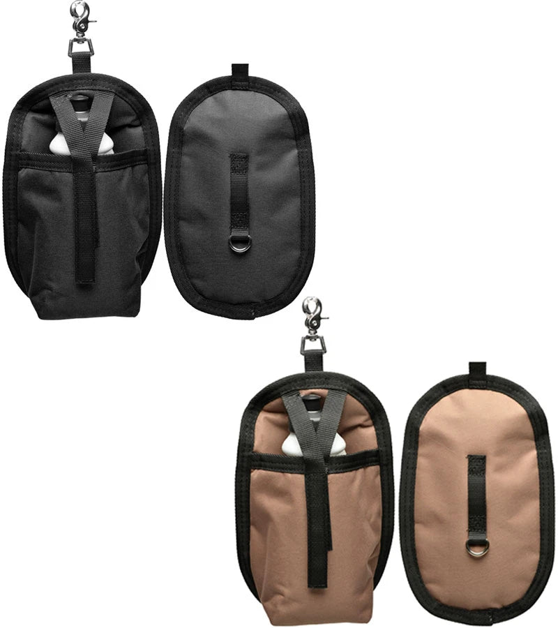 Side by side front and back views of both the black and brown Jacks Water Bottle Carriers on a white background