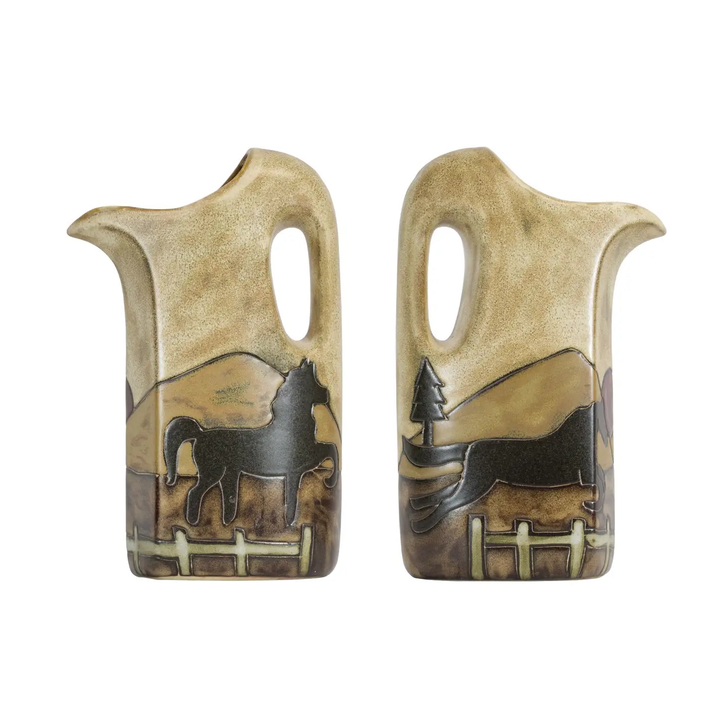 Side-by-side front and back views of the Mara Stoneware Horses Water Pitcher on a white background