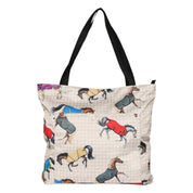 Front view of the AWST Int'l Lila Horses in Blankets Tote Bag on a white background