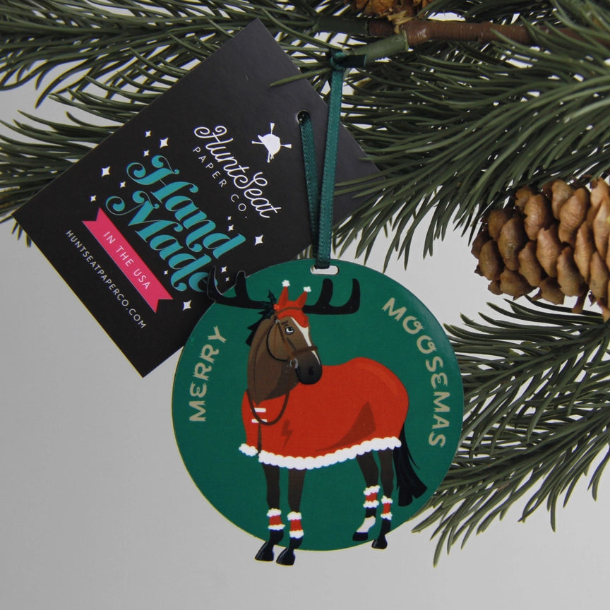 Front view of the Merry Moosemas Hunt Seat Paper Co Horse Ornament