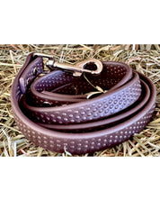 View of the Brown PRO4MANCE Com4rt Grip Dog Leash on hay
