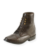 Angled front view of the Brown EquiStar Kids All-Weather Lace Paddock Boots on a white background