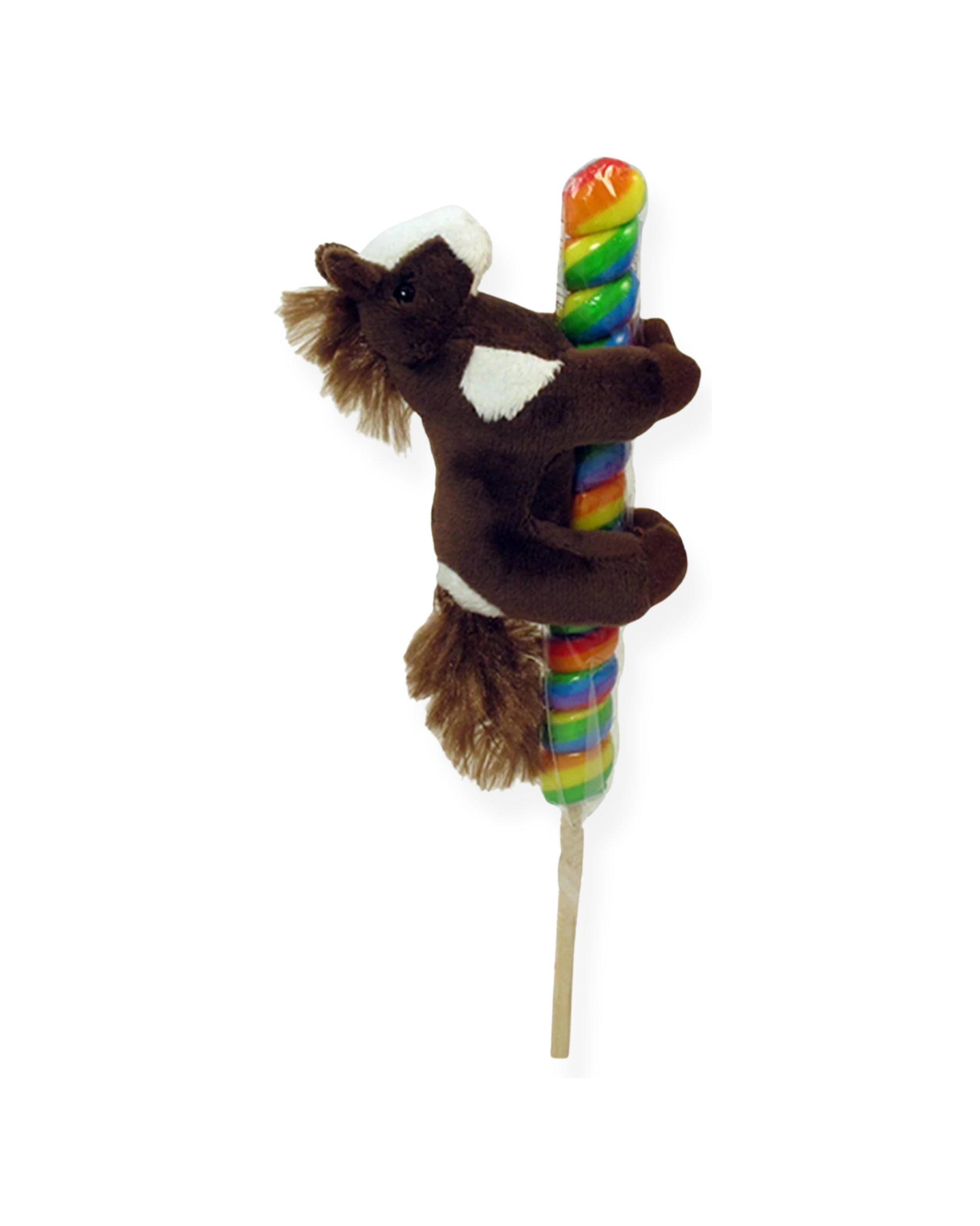 Side view of a dark brown 4" Plush Natural Horse On Pop on a white background
