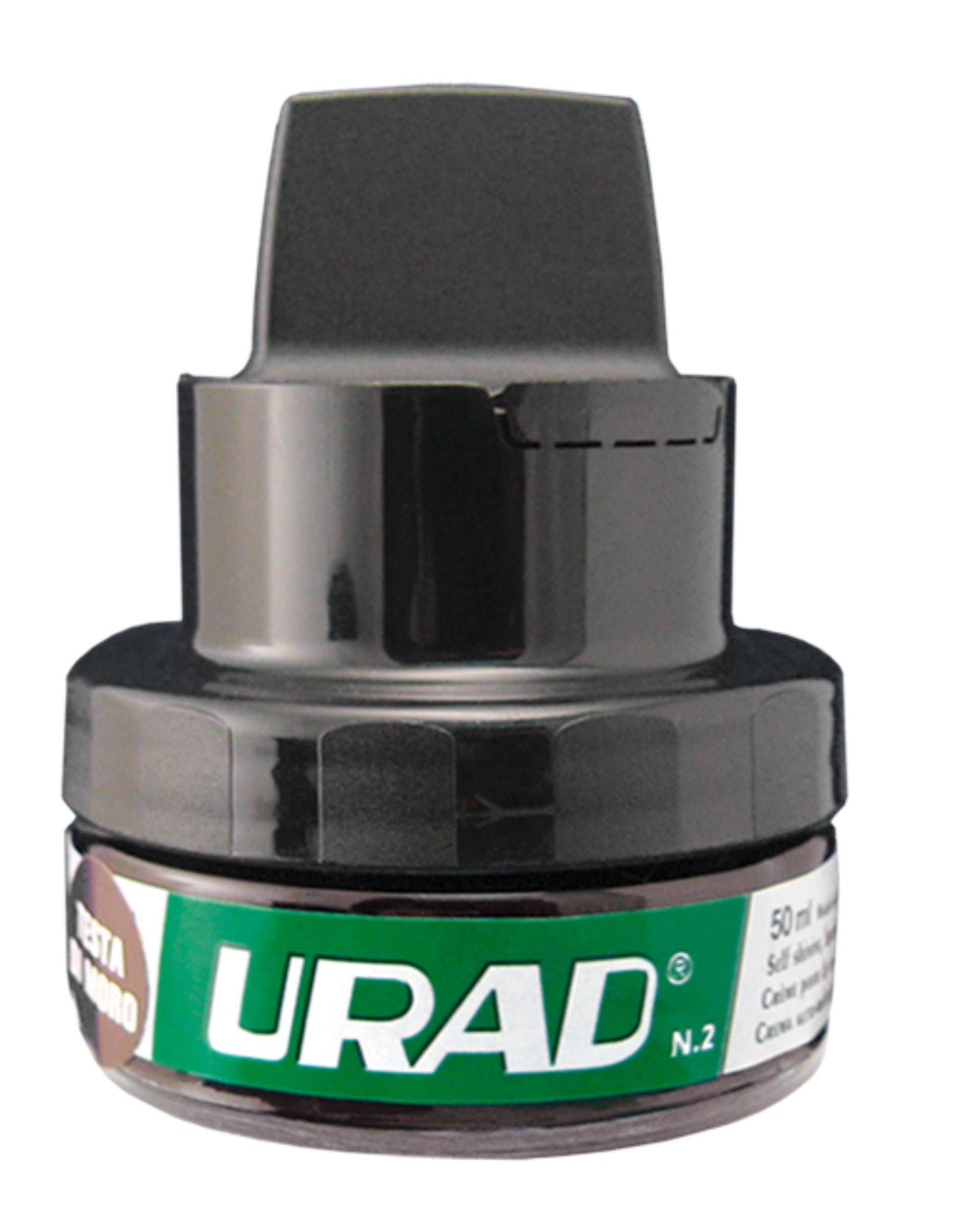 Front view of a 1.75oz container of Urad Total Leather Care Cream in brown on a white background