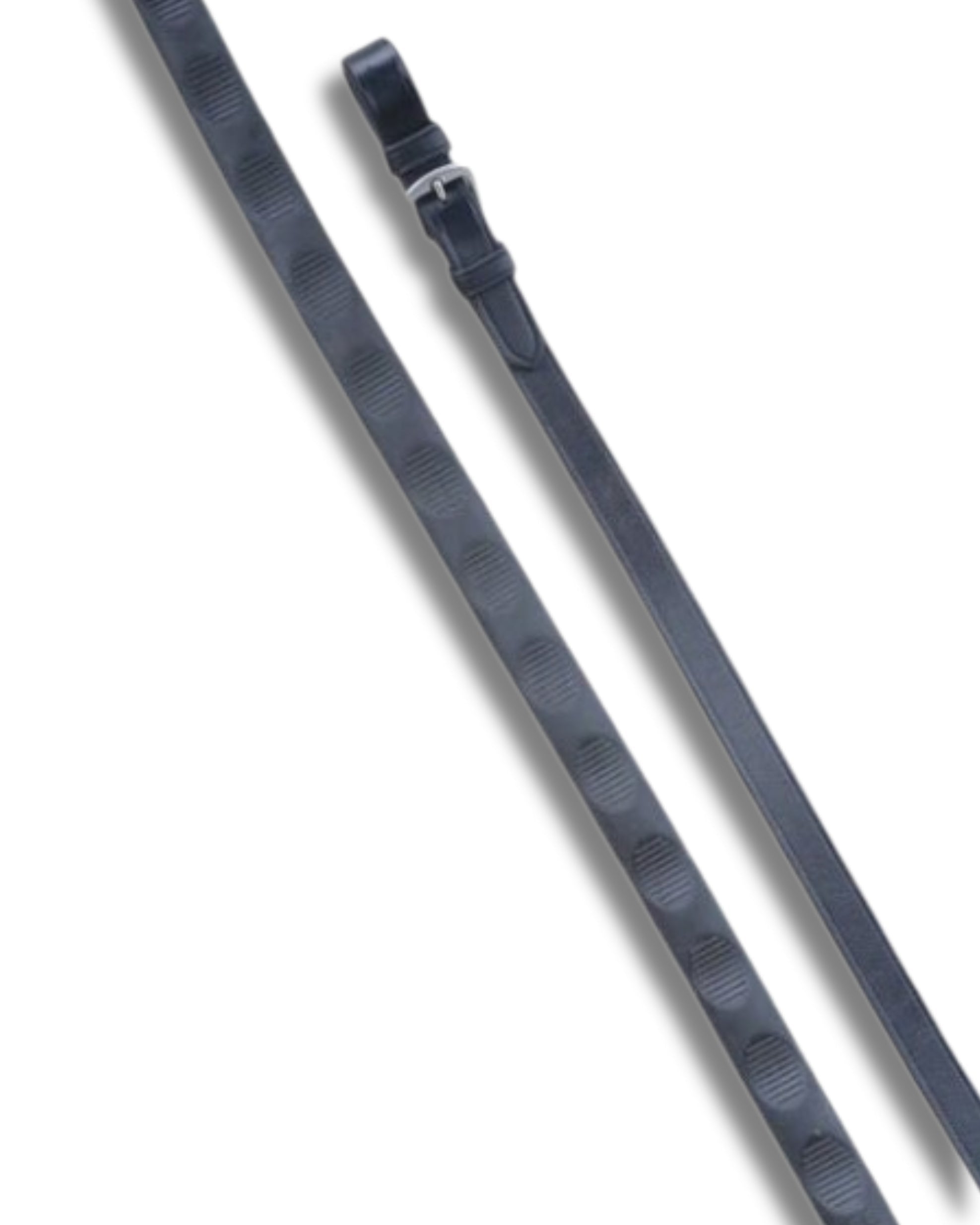 Side-by-side front and back views of the black buckle Red Barn 5/8" Thumb Grip Reins on a white background