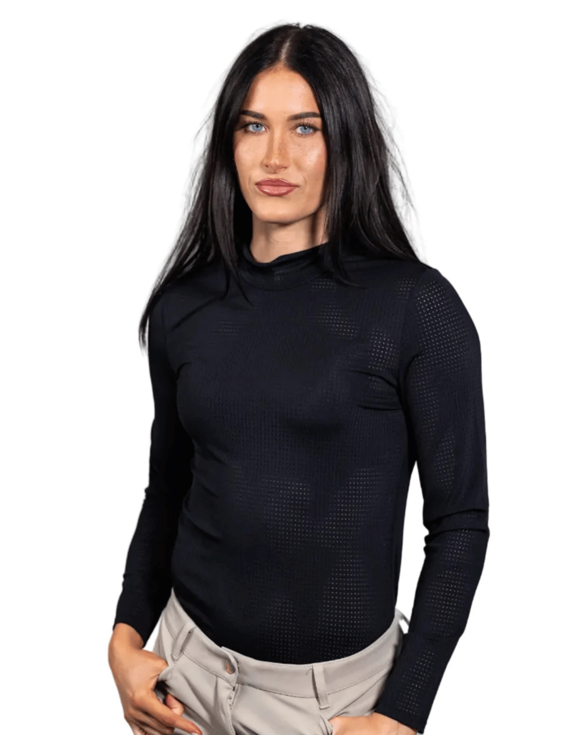Front view of a model wearing the Equisite Alesia Perforated Long Sleeve Shirt in Jet Black on a white background