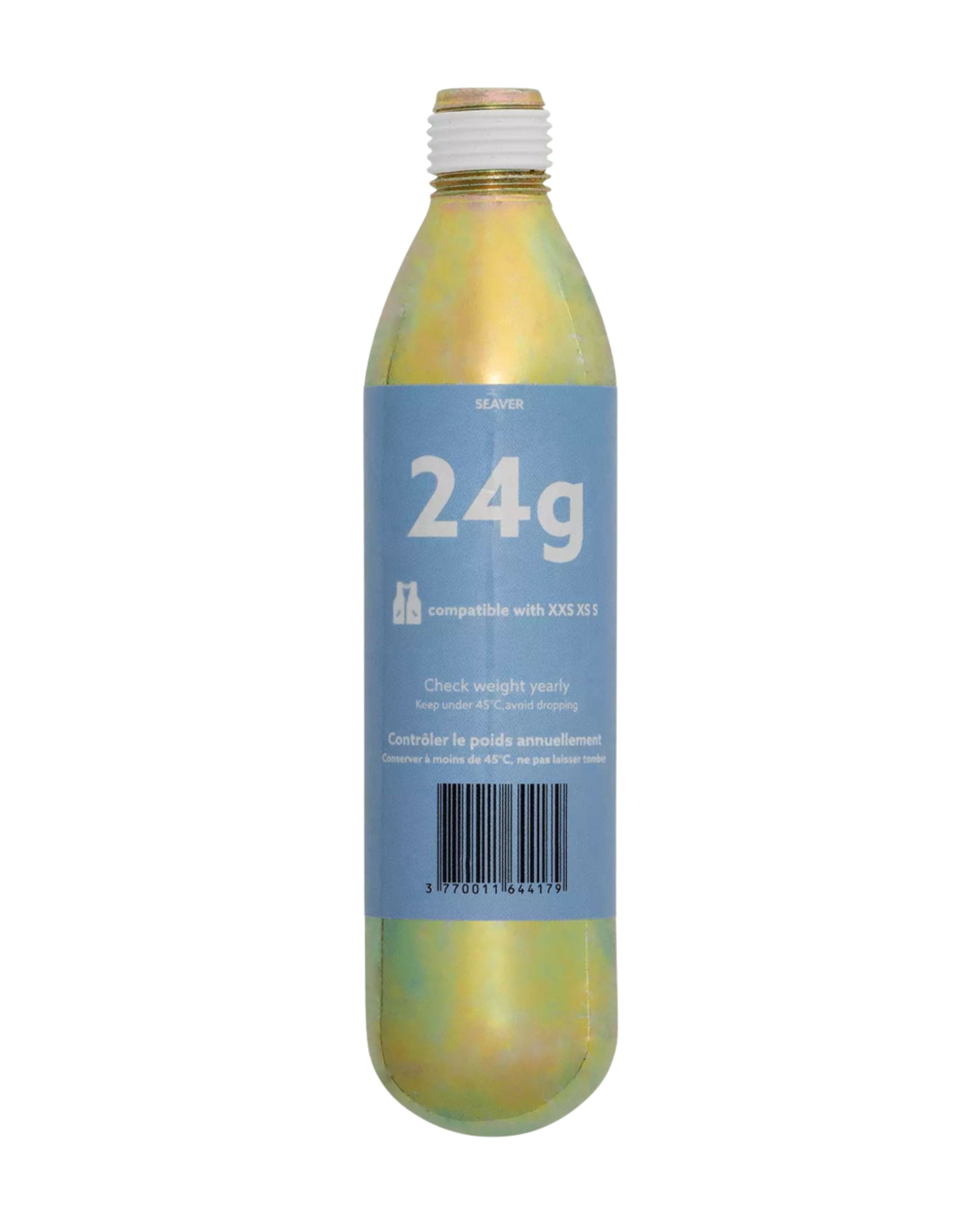 View of the 24 G Seaver Safefit Airbag CO2 Canister/Cartridge on a plain background
