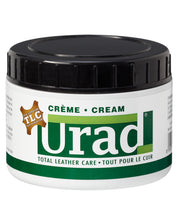 Front view of a 7oz container of Urad Total Leather Care Cream in black on a white background