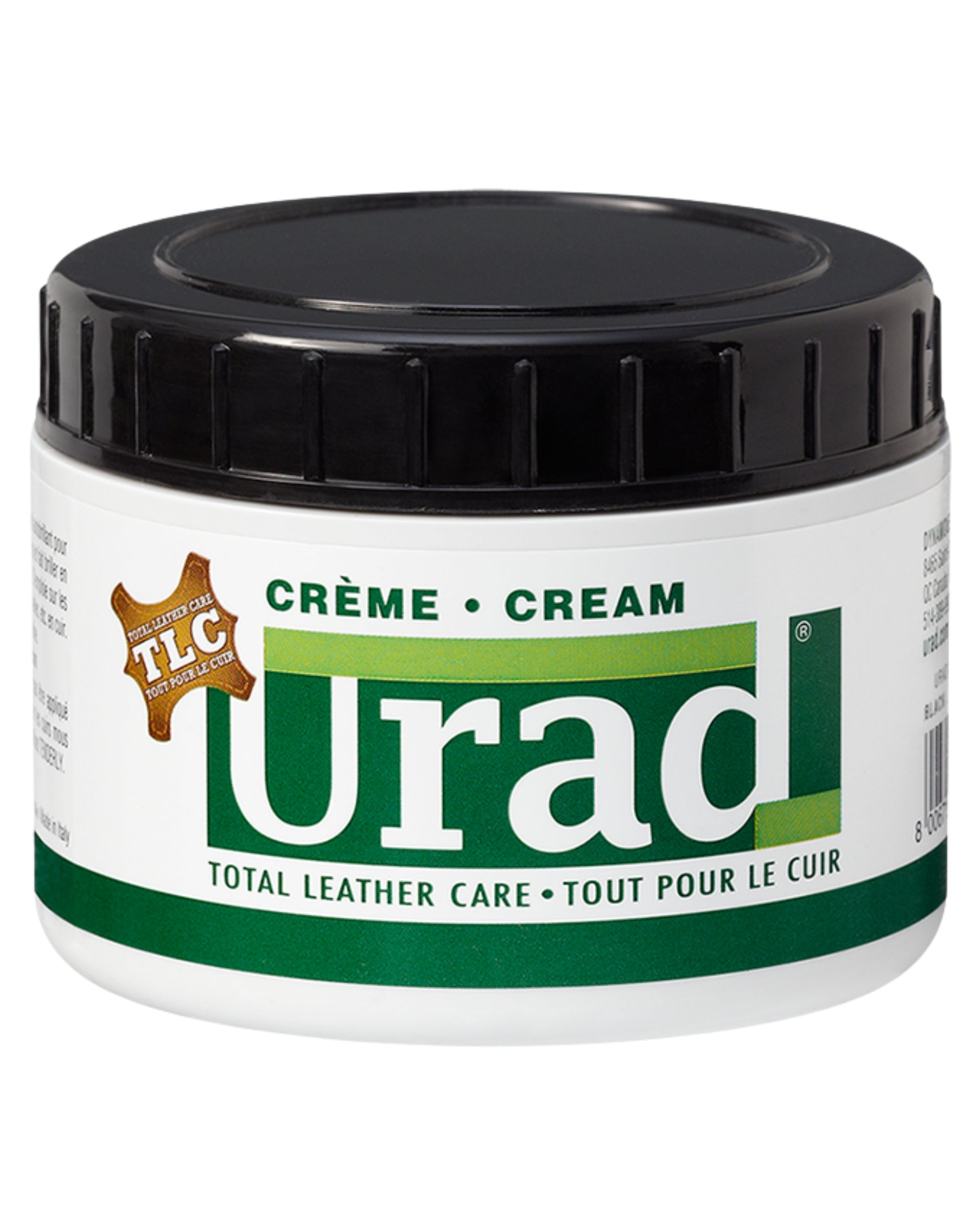 Front view of a 7oz container of Urad Total Leather Care Cream in black on a white background