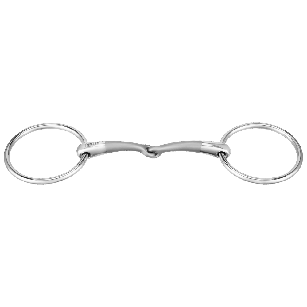 View of the Herm Sprenger SATINOX Single-Jointed Loose Ring Snaffle Bit on a white background