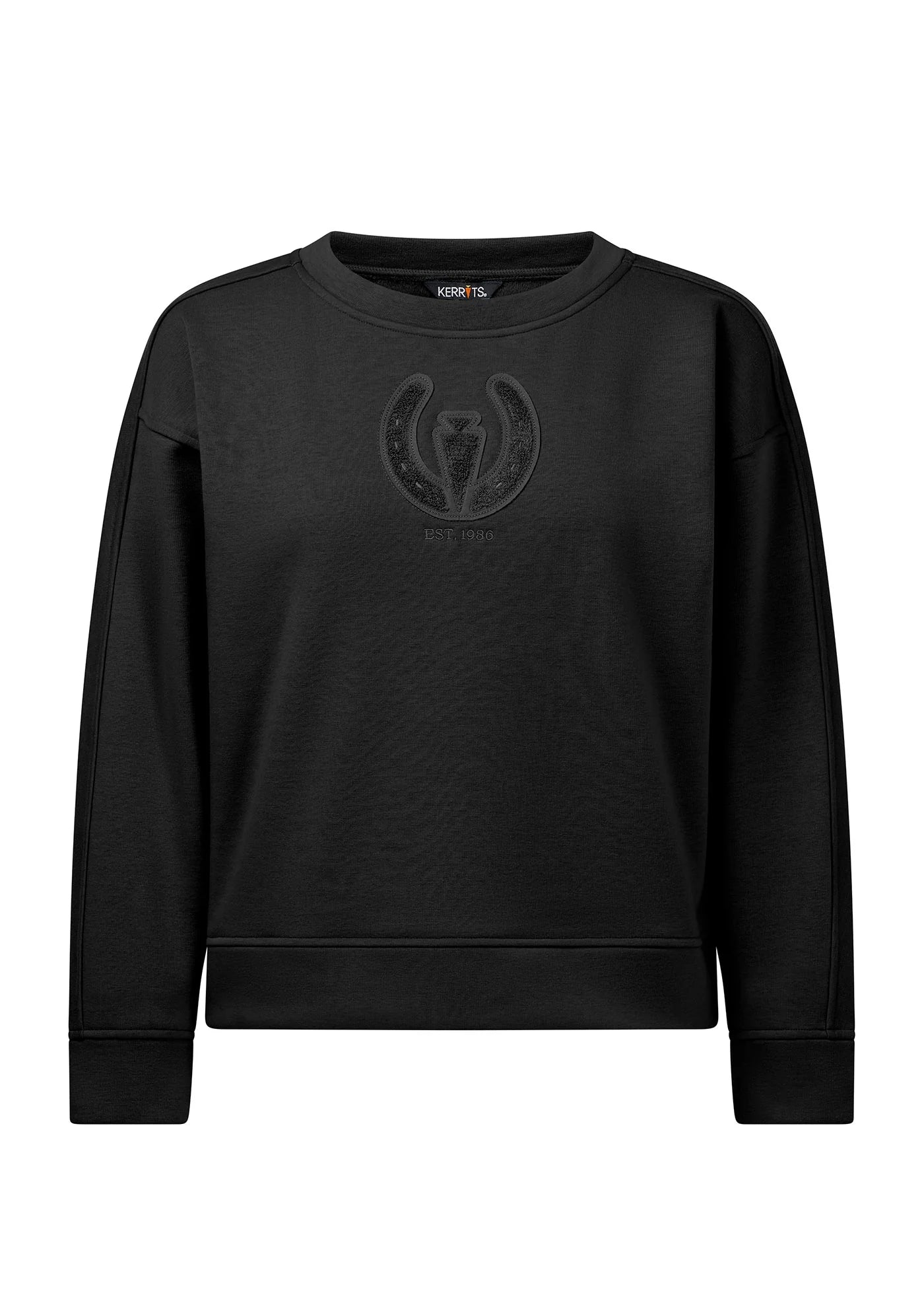 Front view of the Black Kerrits Cozy Crest Plush Fleece Sweatshirt on a white background