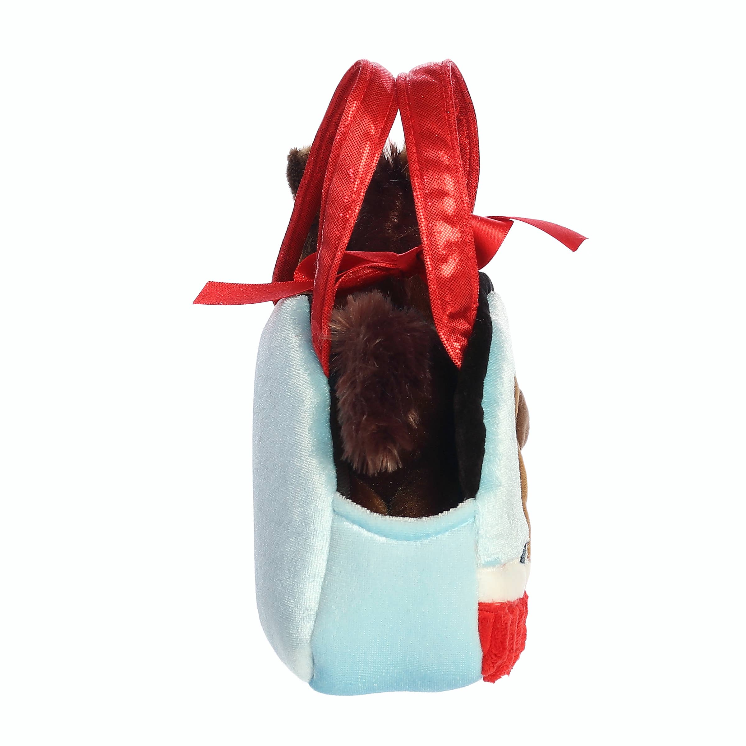 Side view of the 7" Plush Brown Pony in Peek-A-Boo in Sparkle Purse on a white background