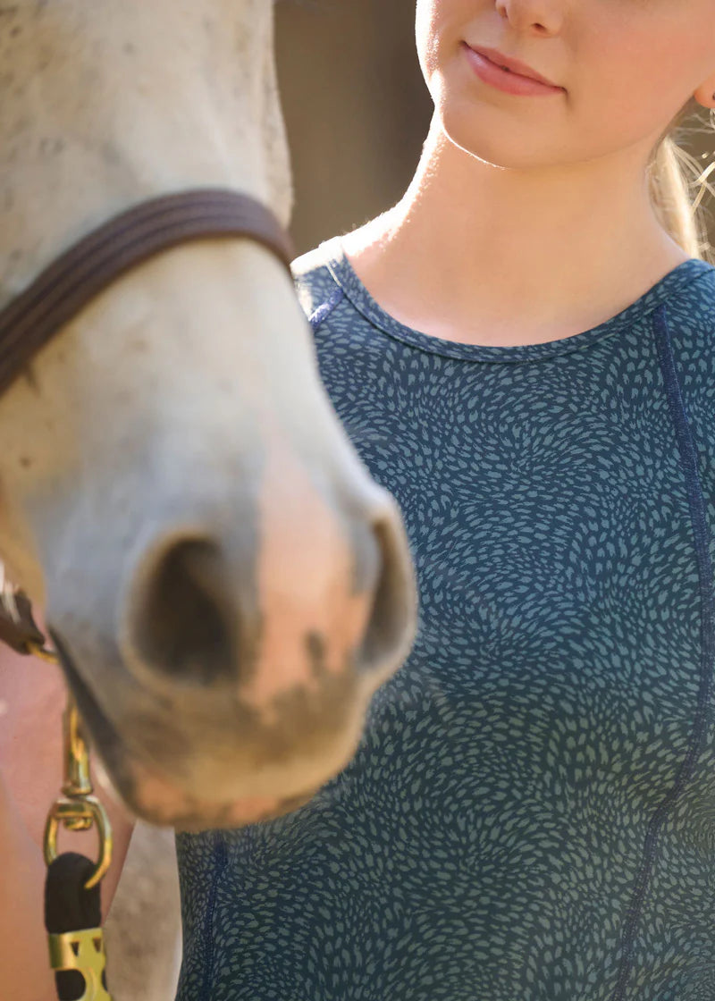 Close-up of Kerrits Printed Sport Tank in Jasper blue fabric with horse muzzle