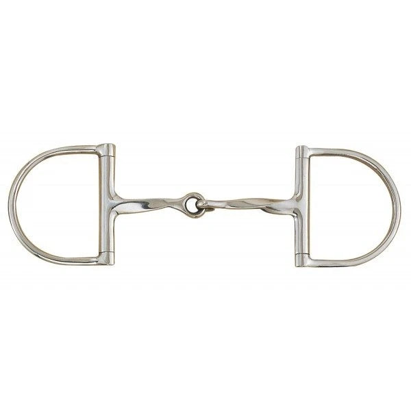 Silver metal twisted dee ring snaffle shown on plain white background