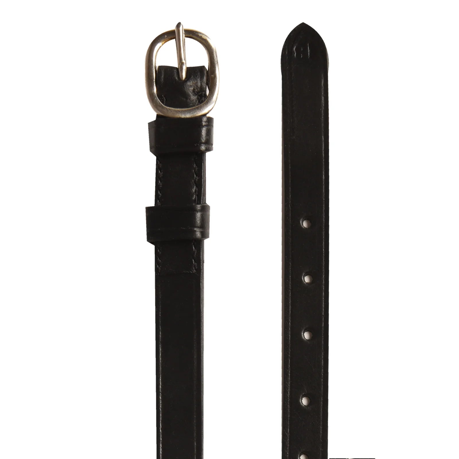 Front view of the black Ovation English Leather Spur Strap on a white background