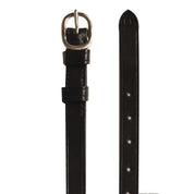 Front view of the black Ovation English Leather Spur Strap on a white background