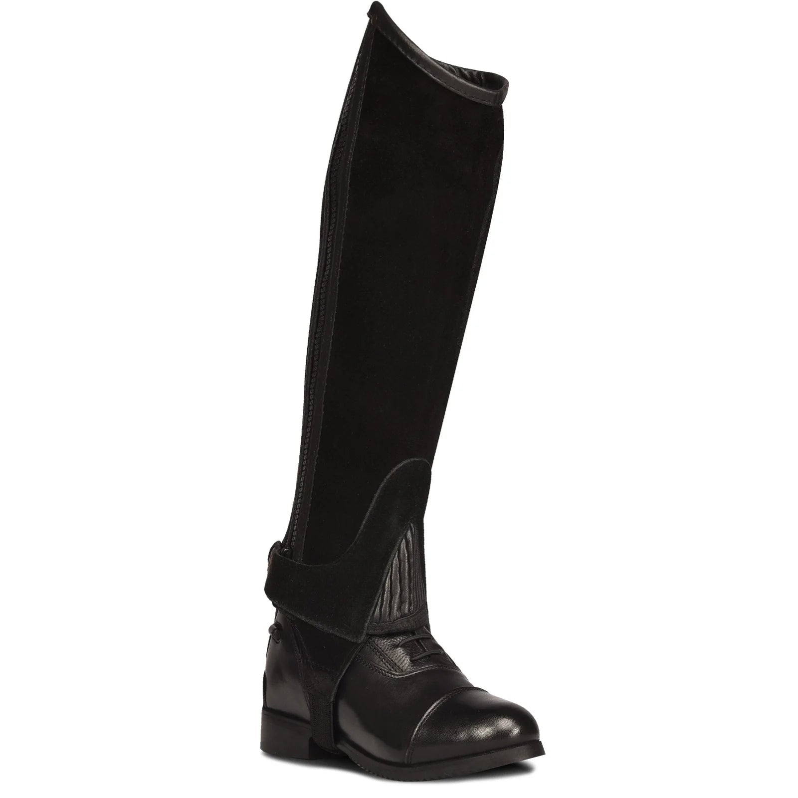 Angled front view of the black Ovation Children's Suede Half Chap on a white background