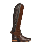 Side view of the brown Ovation Children's Suede Half Chap on a white background