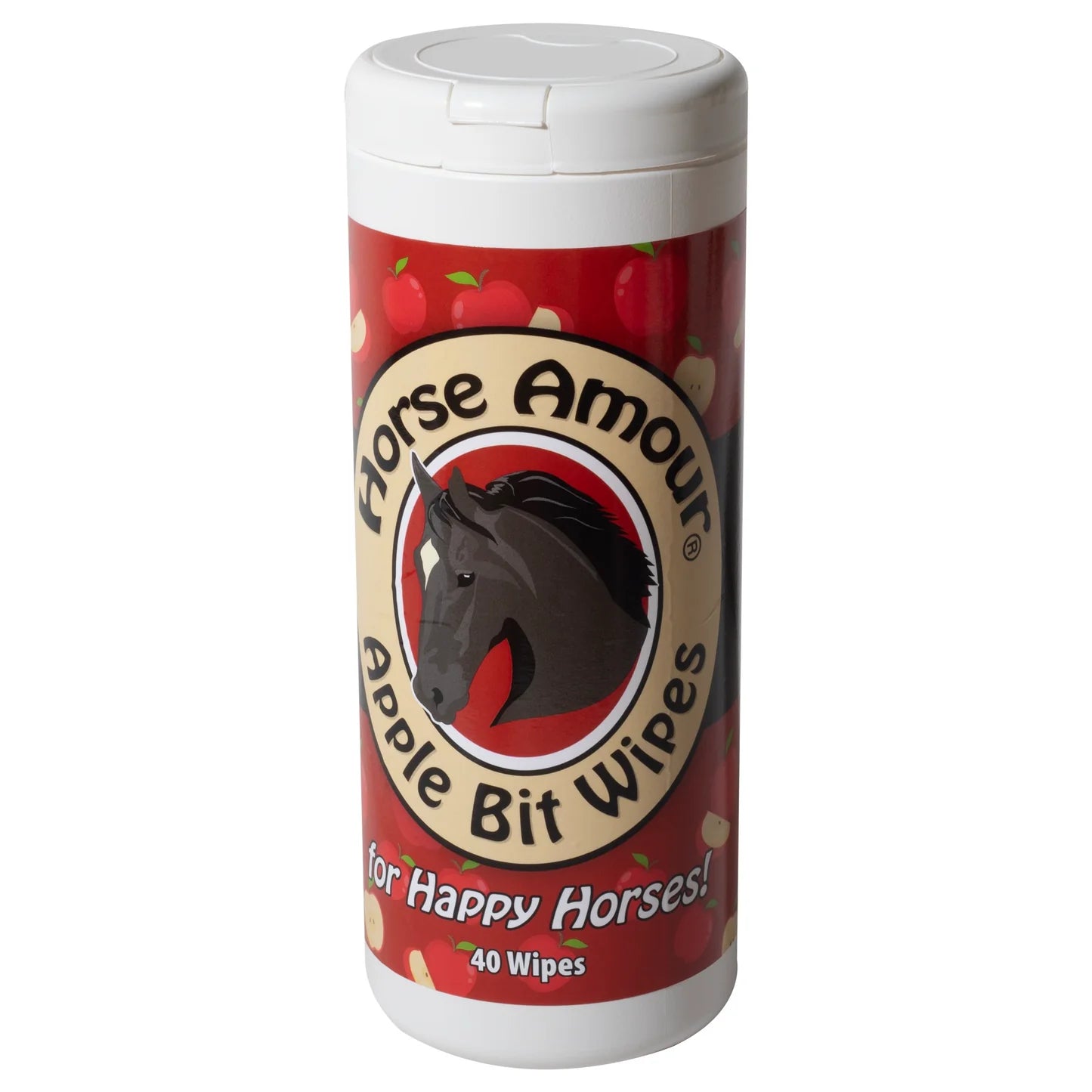 Front view of a canister of Apple Horse Amour Bit Wipes