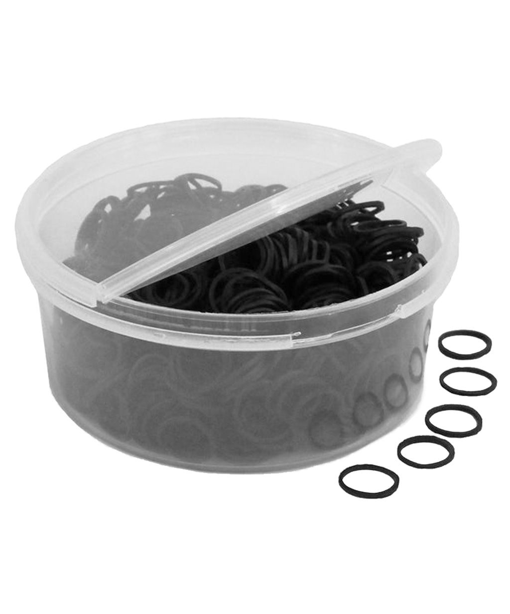 View of an open container of the Equi-Essentials Rubber Braiding Bands in black