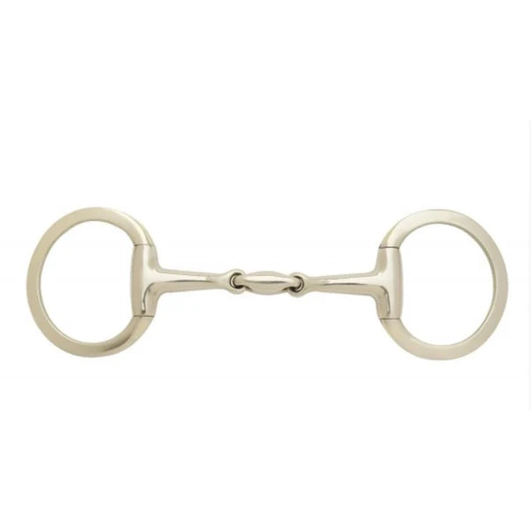 Metal double jointed bit with eggbutt cheekpiece shown on plain white background