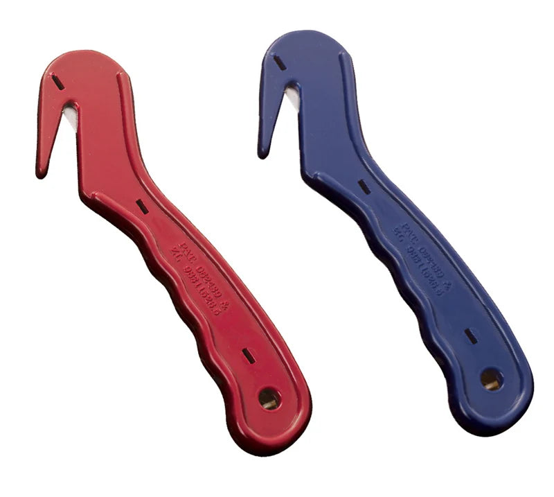 View of the Red and Blue Equi-Essentials Bale Cutter Yard Knives on a plain background