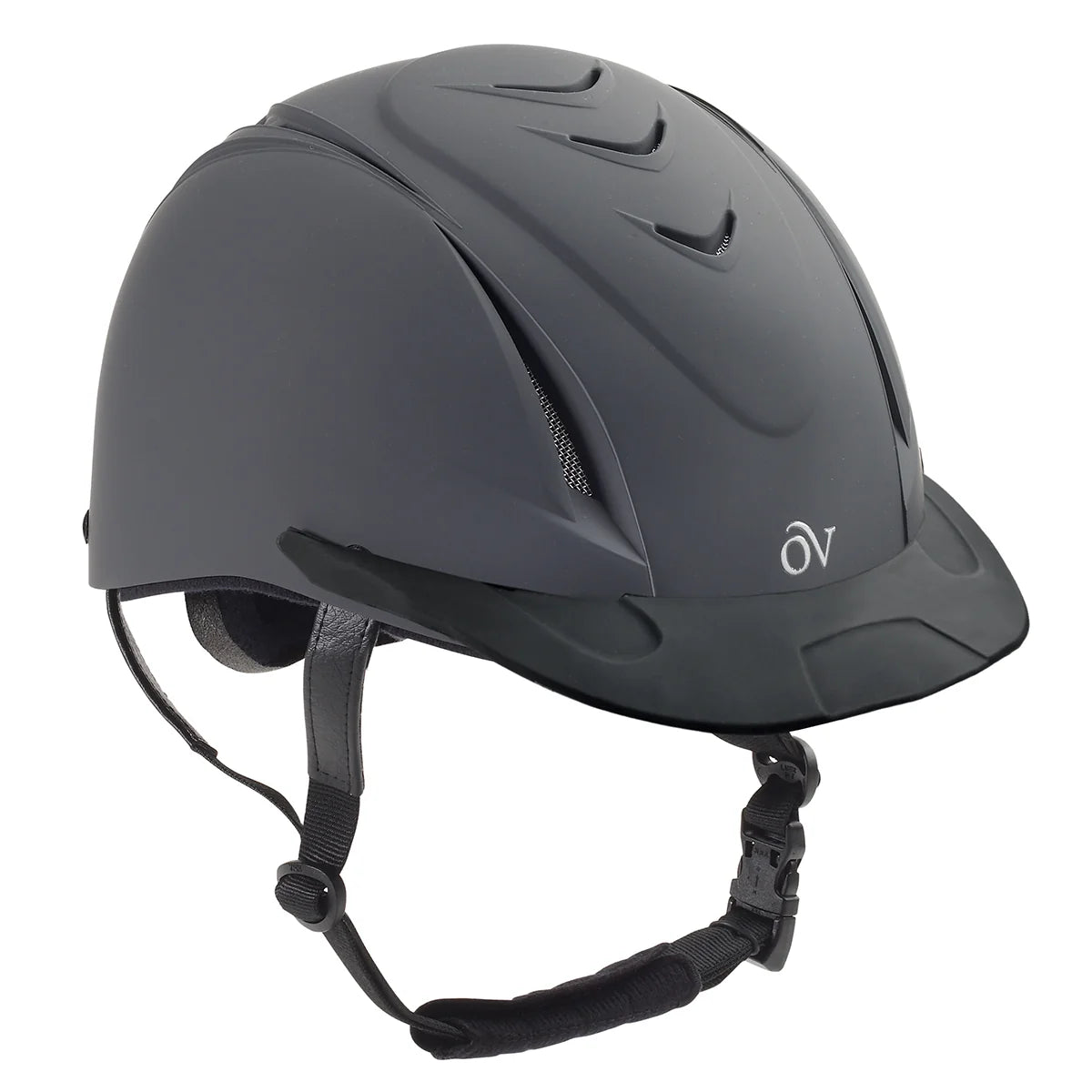 Angled front view of the Dark Gray Ovation Deluxe Schooler Helmet on a white background