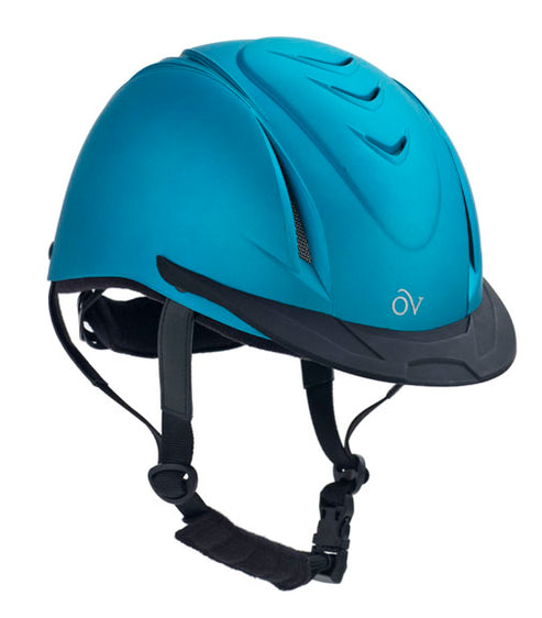 Angled front view of the Teal Ovation Metallic Schooler Helmet on a white background