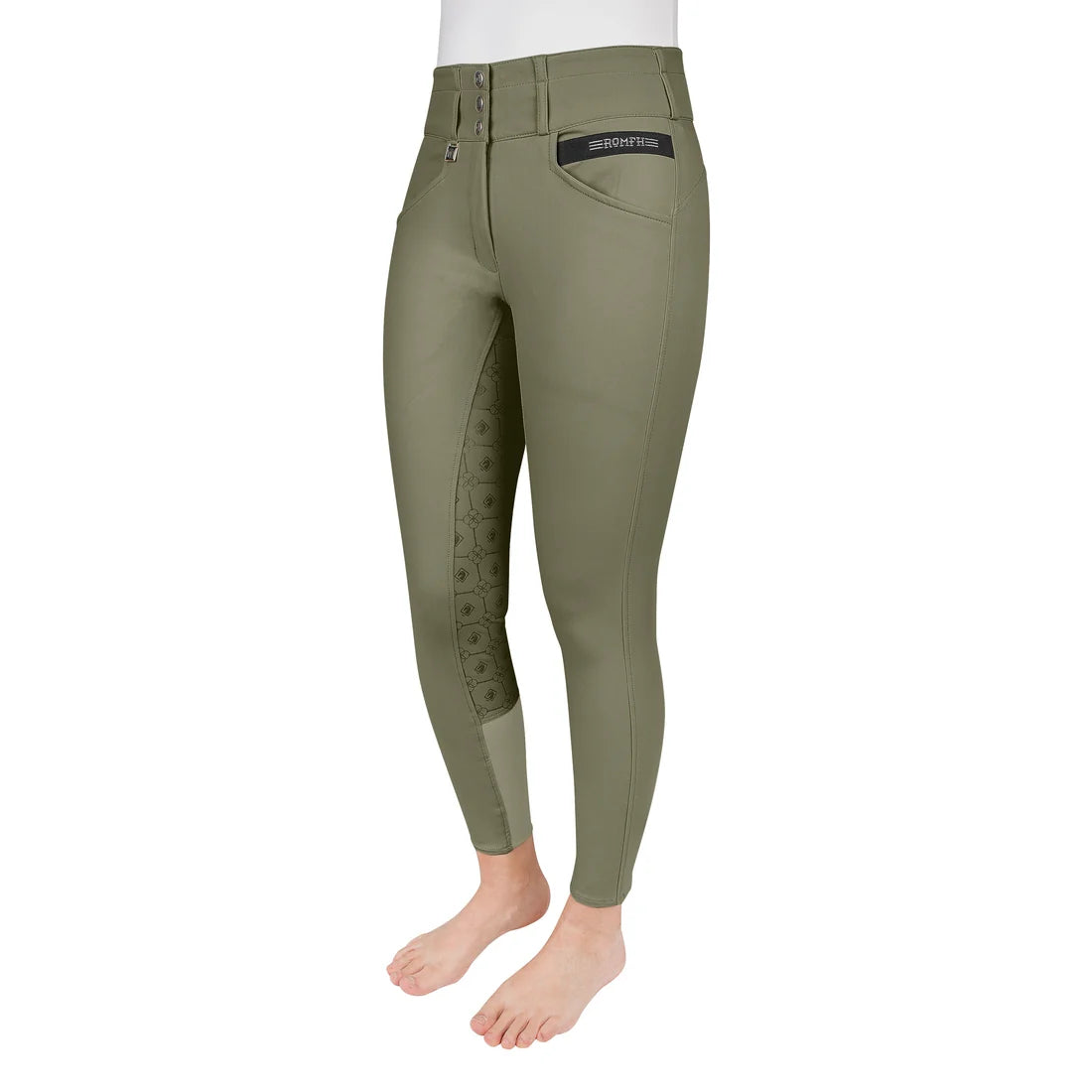 Angled front view of a female model wearing the Olive Romfh Isabella Silicone Full Seat Breeches on a white background