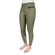 Angled front view of a female model wearing the Olive Romfh Isabella Silicone Full Seat Breeches on a white background