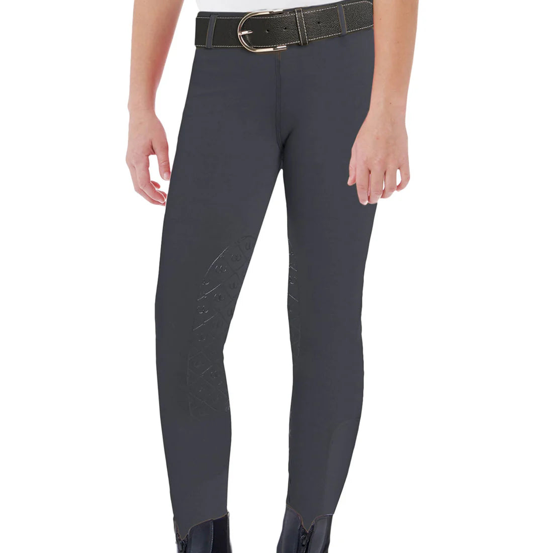 View of a female model wearing the Charcoal Ovation Aerowick GripTech Knee Patch Tight on a plain background