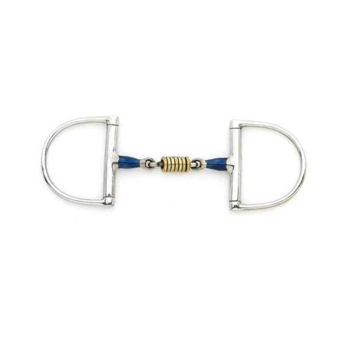 Fulll view of the Centaur Blue Steel King Dee Double Jointed Mouth Bit with Loose Brass Roller Disks on a white background