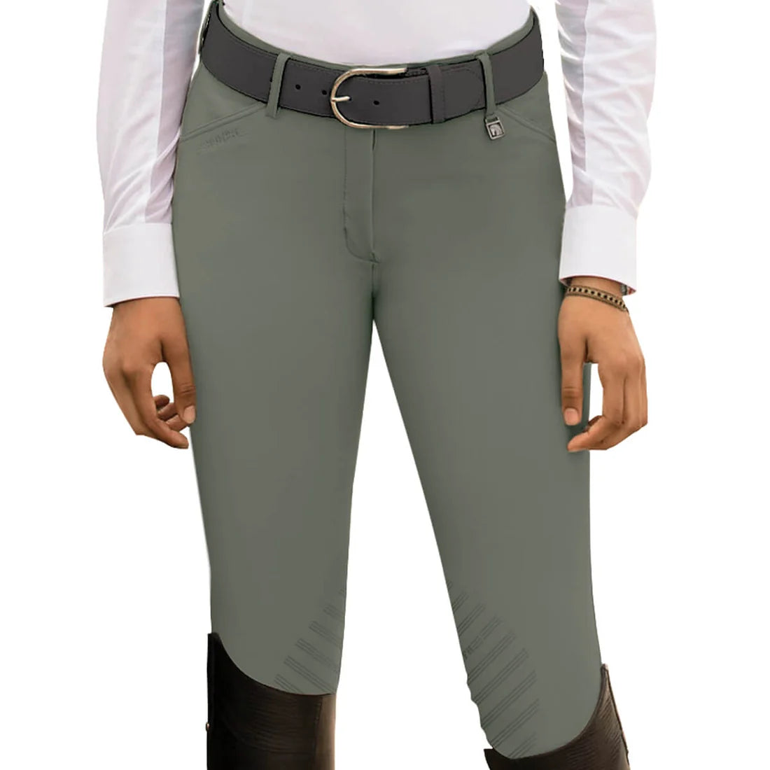 Front view of a female model wearing the Olive Green Romfh Sarafina Euro Grip Knee Patch Breeches on a white background