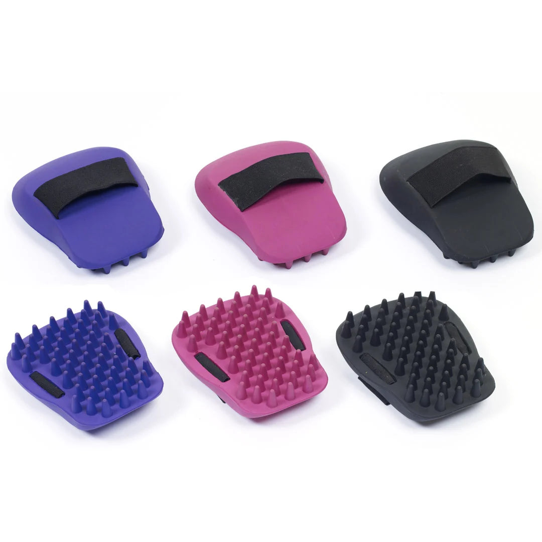 Side by side front and back views of assorted colors of the Equi-Essentials Ergo Grip Groomer on a white background