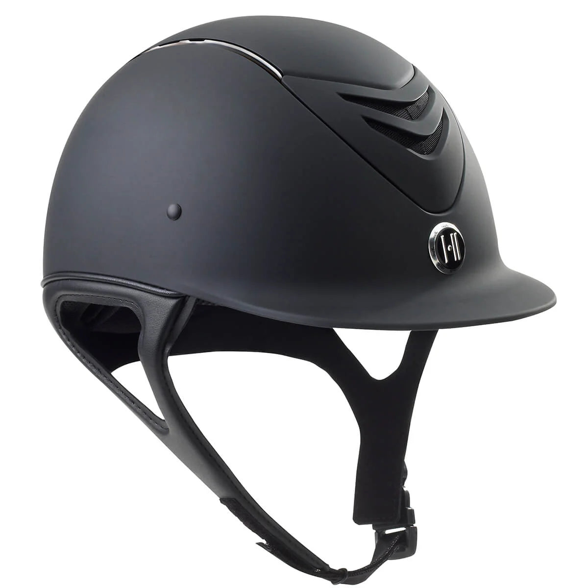 Angled front view of the Matte Black/Chrome One K MIPS CCS Avance Wide Brim Helmet on a white background