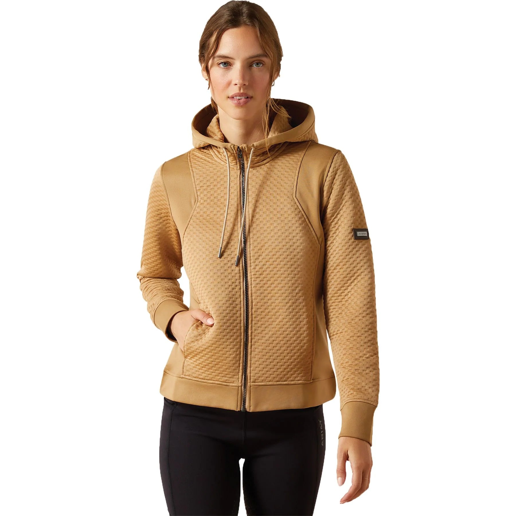 Golden textured full zip hoodie shown on model