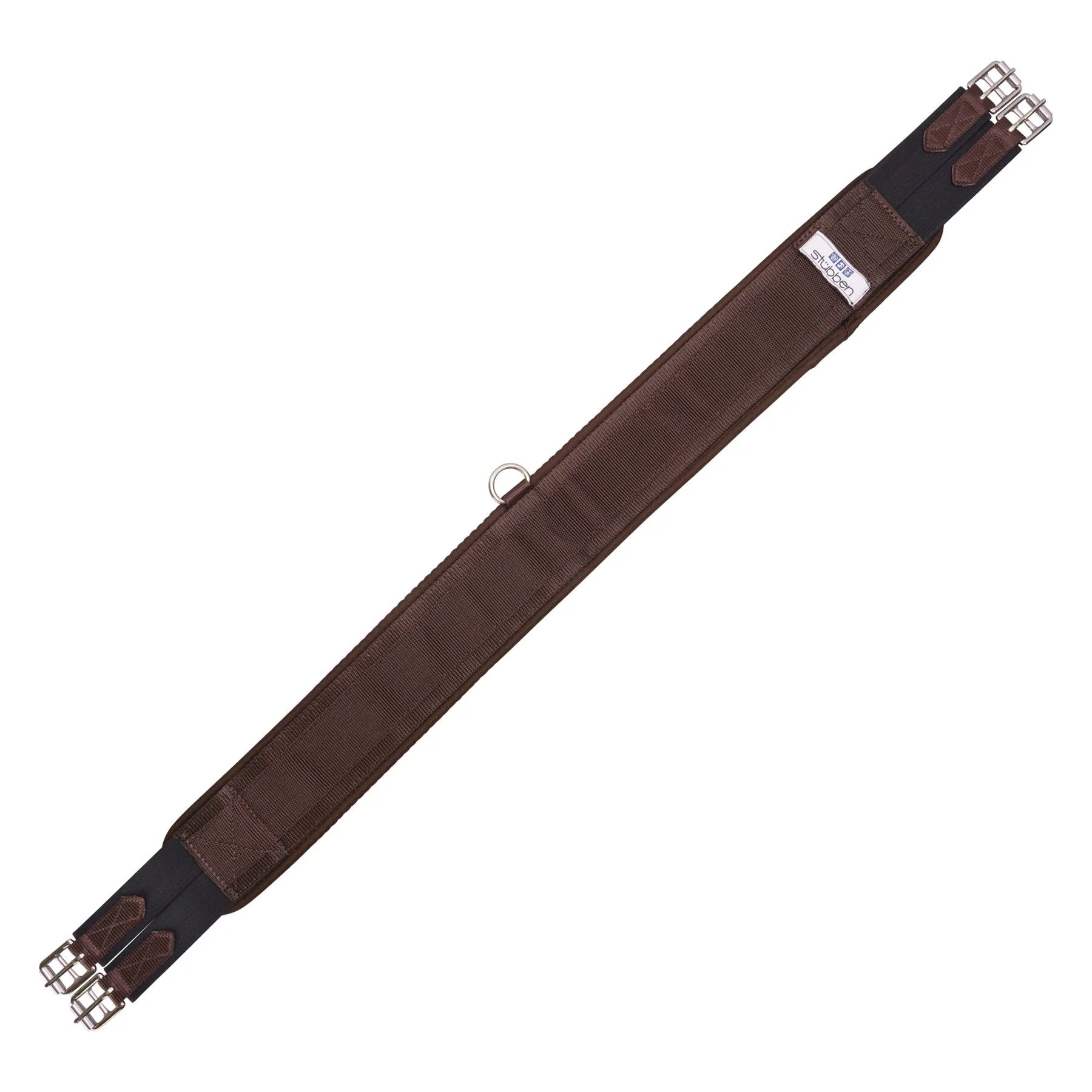 Brown fabric long horse girth shown on plain white background