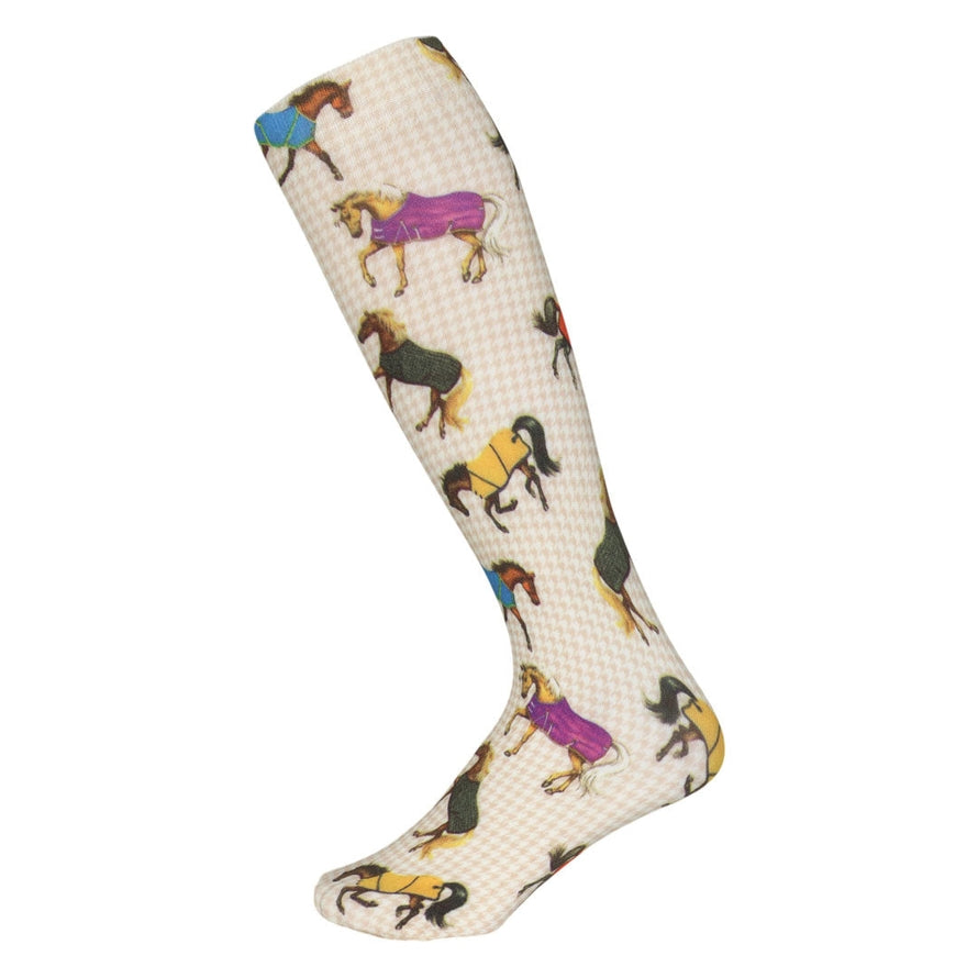 Side view of a AWST Int'l Lila Horses in Blankets Equestrian Boot Sock on a white background