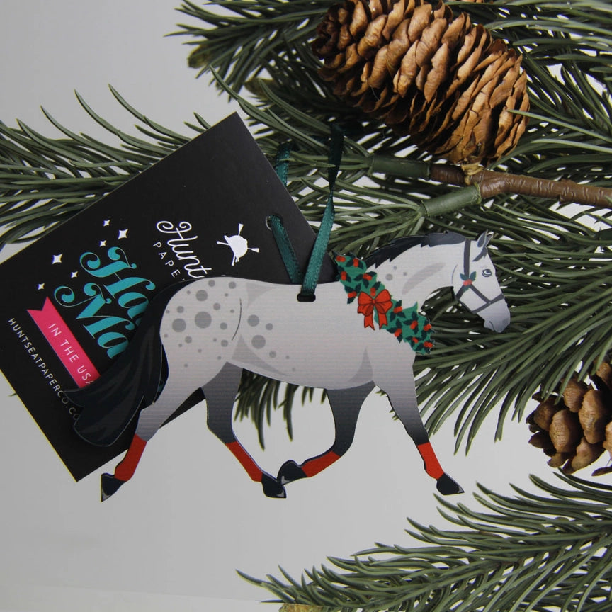 Front view of the Dapple Grey Pony Hunt Seat Paper Co Horse Ornament