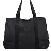 Black tote with logo handle and embriodered skull