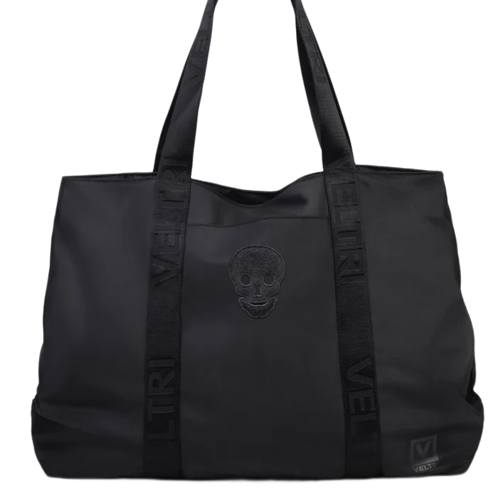 Black tote with logo handle and embriodered skull