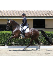 View of a model riding a dark colored horse that is wearing the NSC Natural Sheepskin Moon Dressage Girth in an outdoor arena