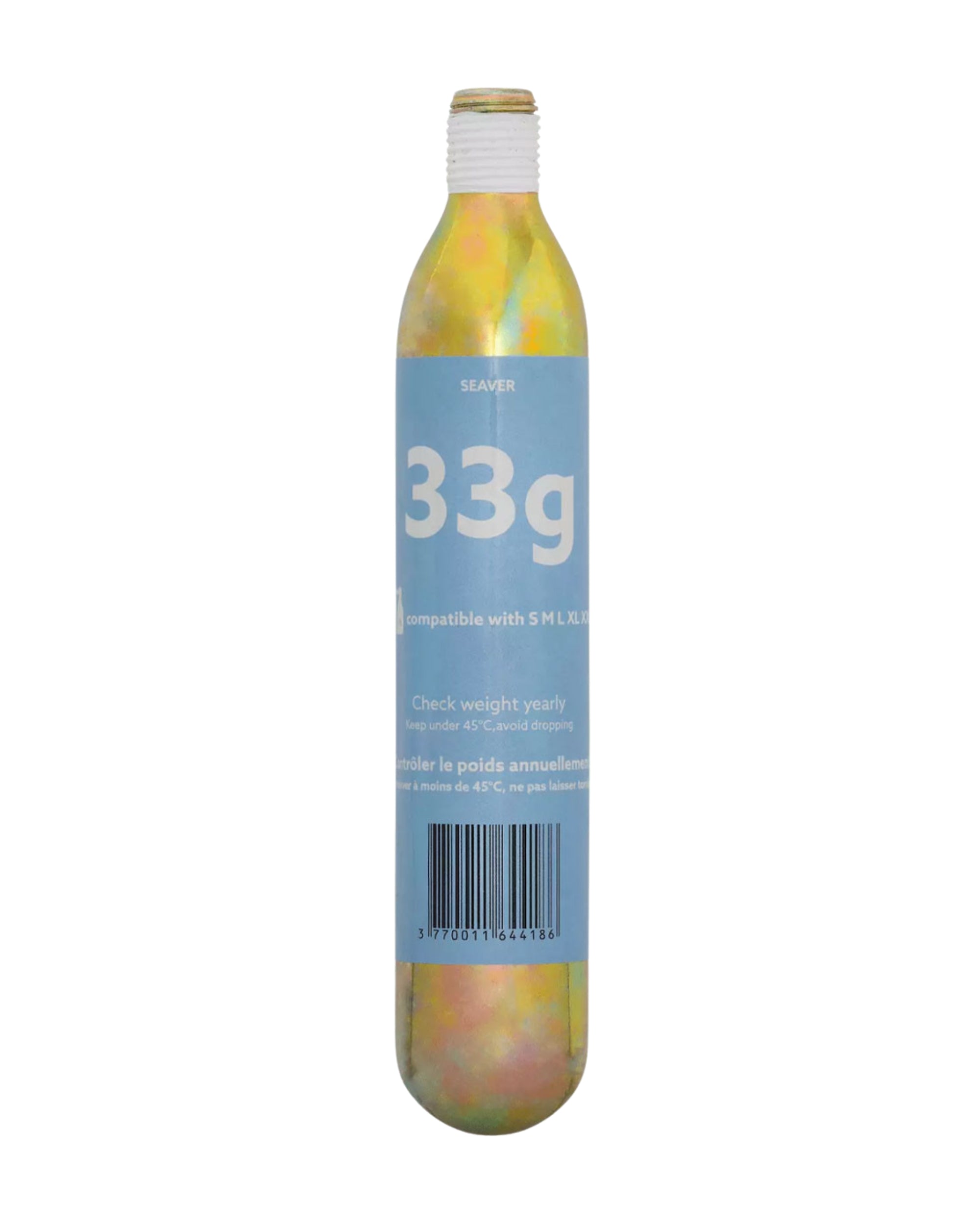 View of the 33 G Seaver Safefit Airbag CO2 Canister/Cartridge on a plain background